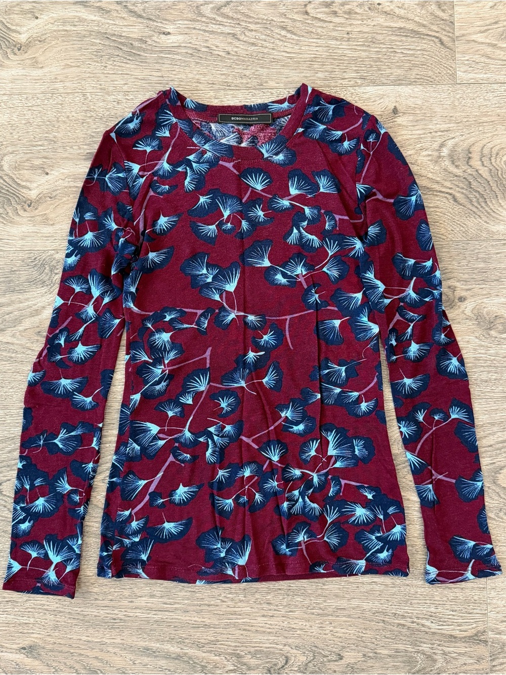 BCBGMaxAzria Burgundy Long Sleeve Top with Blue Floral Print